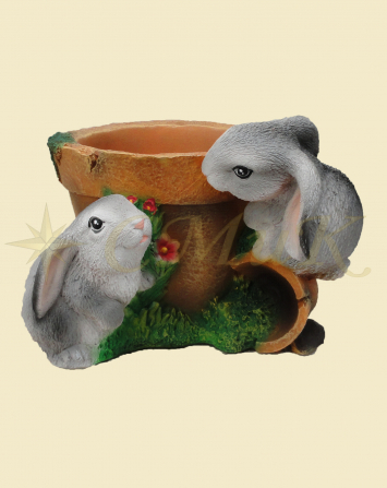 Фигурка для сада кашпо с двумя зайчатами